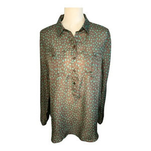 LOFT Women’s‎ Medium Brown Half Button Up Semi-Sheer Top With Green Hearts